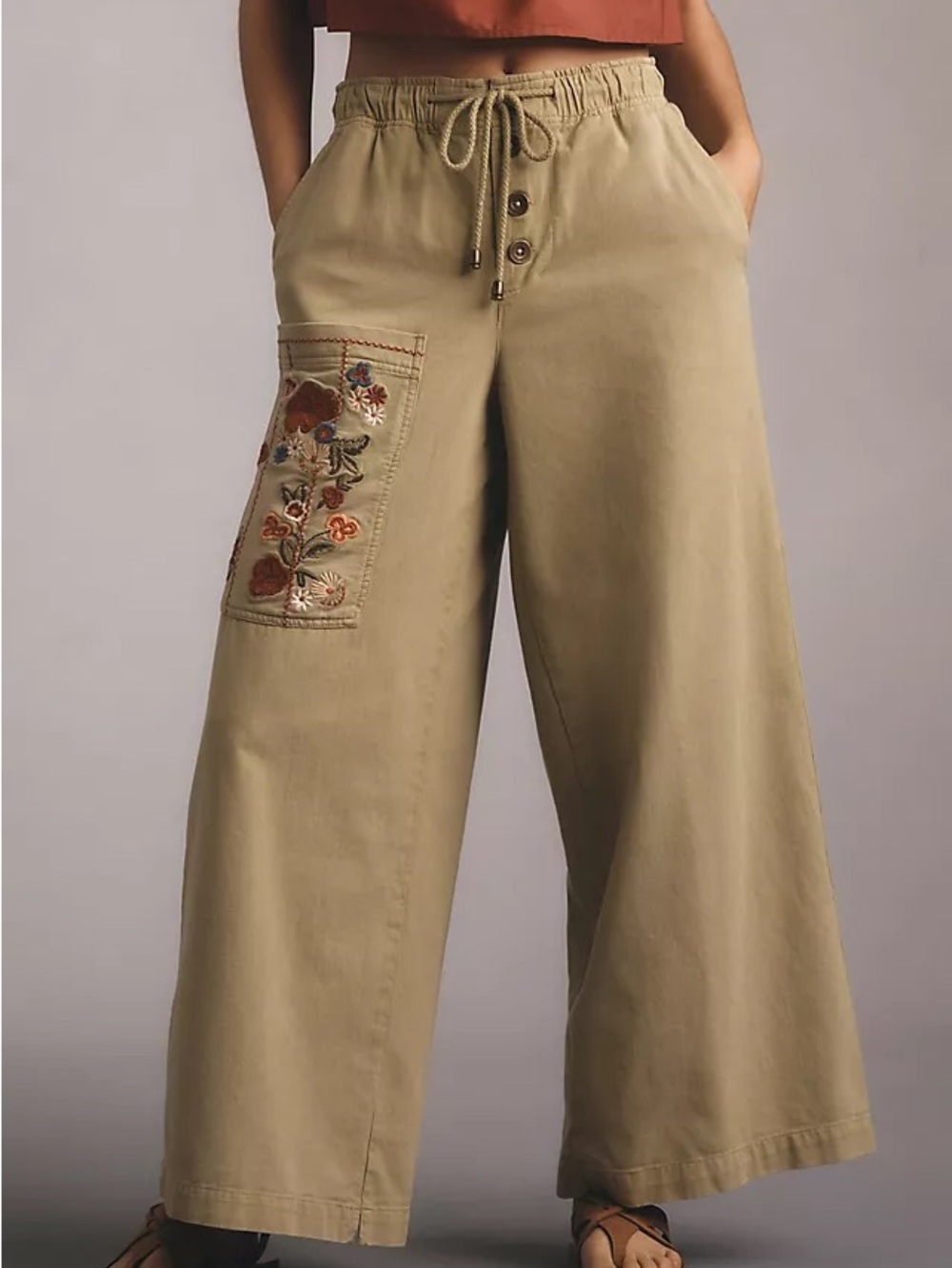 Anthropologie PILCRO Embroidered Wide-Leg Pull On Pants boho cottage core fall